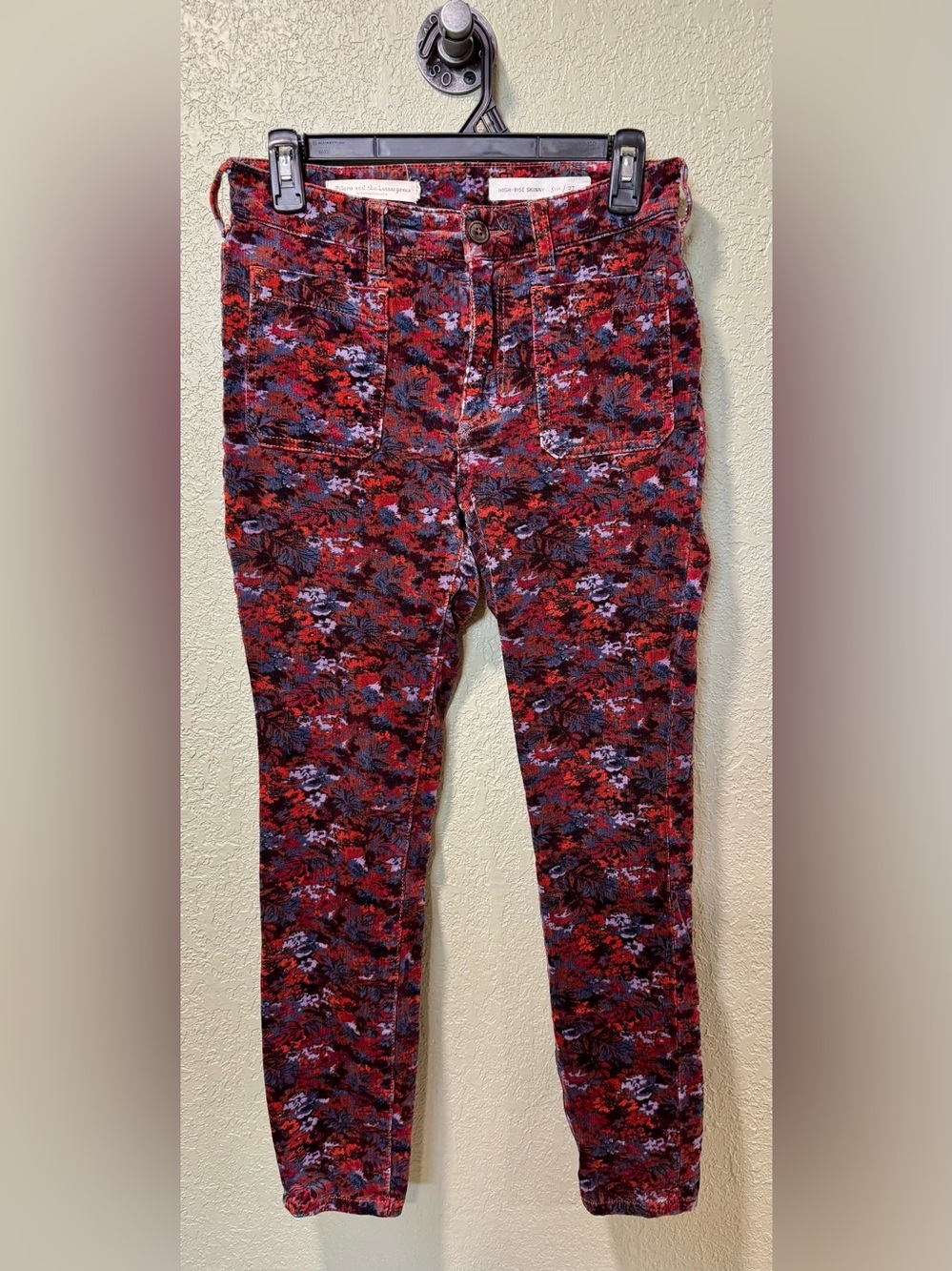 Pilcro & the Letterpress Red & Purple Floral Corduroy High Rise Skinny Jeans 27